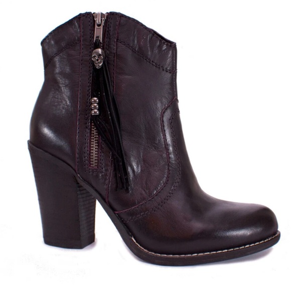 Kelsi Dagger Shoes - Kelsi Dagger Hanly Leather Ankle Boots Skull Zipper Pull Tassle Block Heel